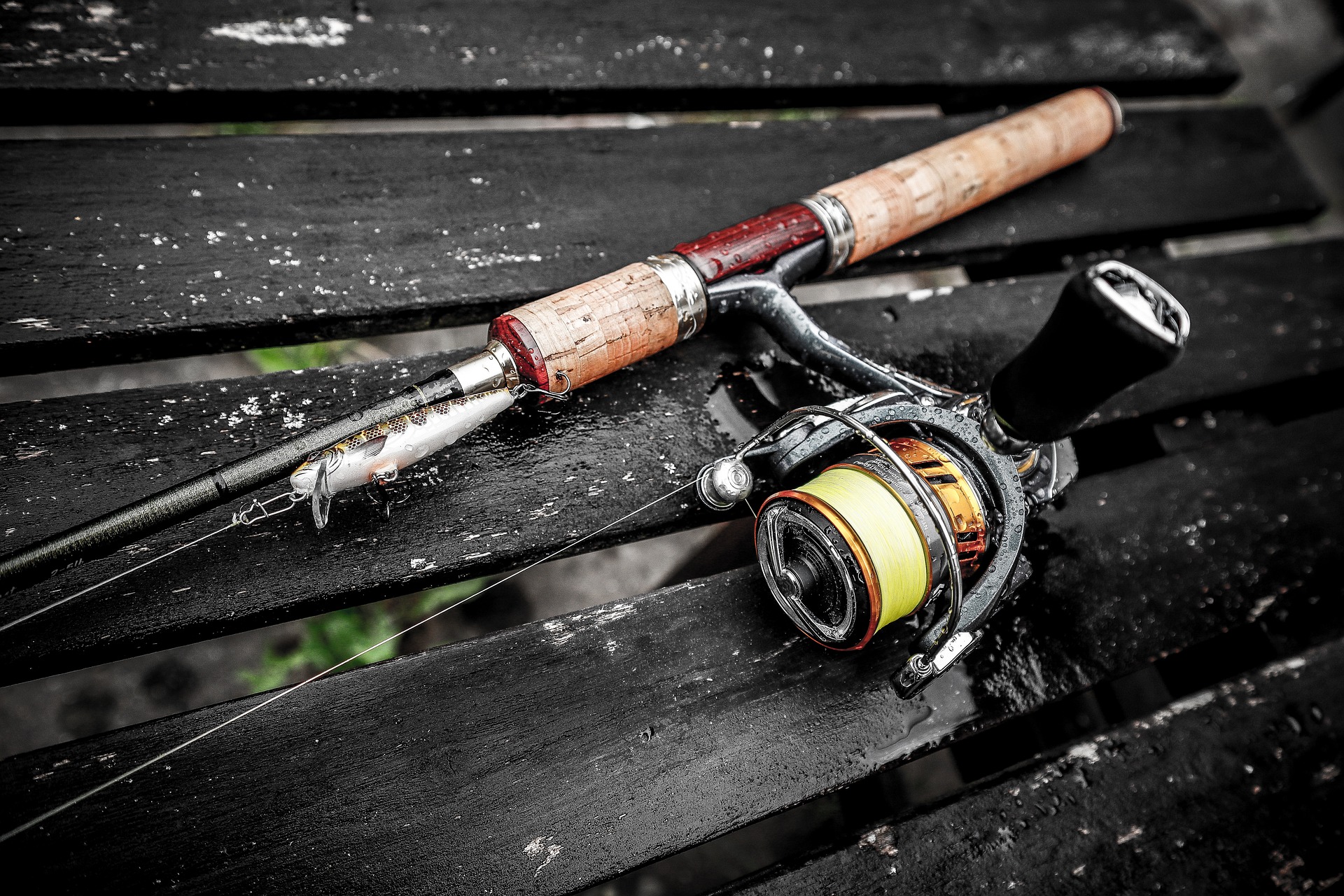 A close-up shot of a fishing pole lying on a park dock
